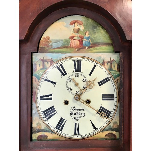 269 - OAK CASE LONG CASE CLOCK HAVING 8 DAY MOVEMENT SIGNED BROWN DUDLEY PAINTED FACE AND FIGURES TO ARCH ... 