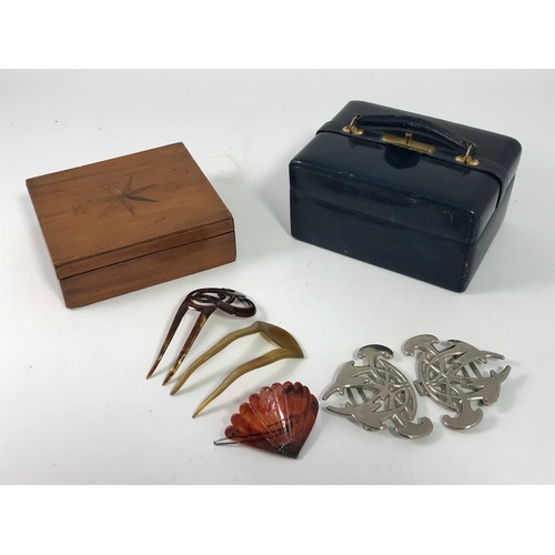 399 - MISC. ITEMS INC. INLAID WOODEN BOX, JEWELLERY CASE, HAIR COMBS AND A PLATED NURSE'S BELT BUCKLE