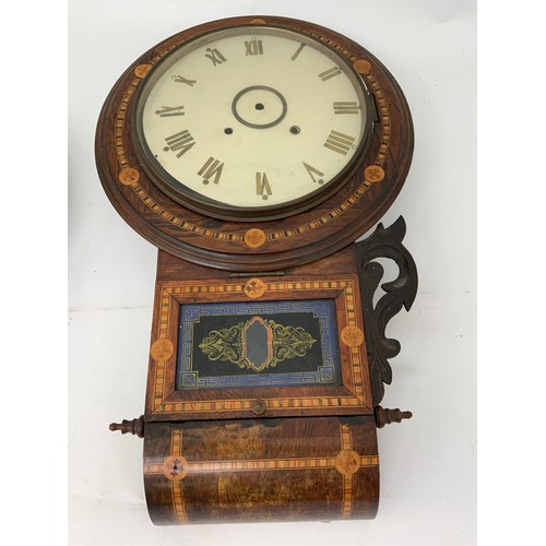 290 - 2 DROP DIAL INLAID AND VENEERED WALL CLOCKS IN NEED OF RESTORATION