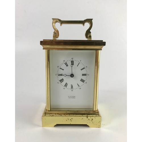 289 - LARGE 4 GLASS GILT BRASS FRENCH CARRIAGE CLOCK WITH DIAL SIGNED H STAIN, VICTORIA