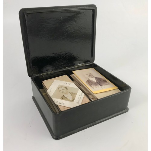 410 - LACQUERED BOX AND QUANTITY OF MISC. OLD PORTRAIT PHOTOGRAPHS, POSTCARDS AND A FEW STAMPS TOGETHER WI... 