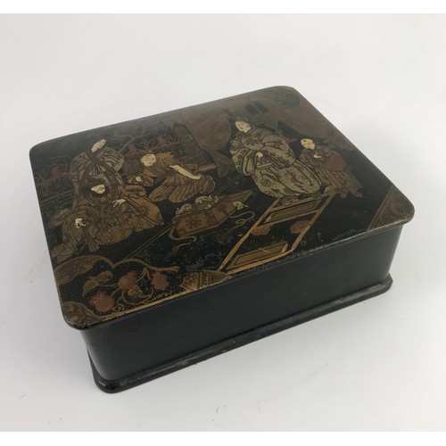 410 - LACQUERED BOX AND QUANTITY OF MISC. OLD PORTRAIT PHOTOGRAPHS, POSTCARDS AND A FEW STAMPS TOGETHER WI... 