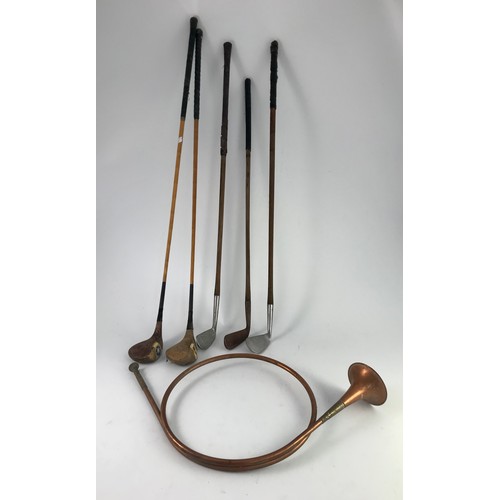 459 - HUNTING HORN, WALKING STICKS AND HICKORY SHAFT GOLF CLUBS