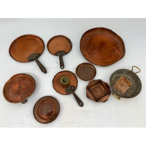 436 - BOX OF OLD COPPER WARE INC PANS, SKILLETS AND SMALL DISH WITH 1797 BUN COIN COPPER CANDLESTICK HOLDE... 