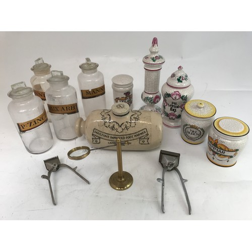 500 - VARIOUS MEDICAL POTS INC GLASS JARS, DOULTONS IMPROVED FOOT WARMER.