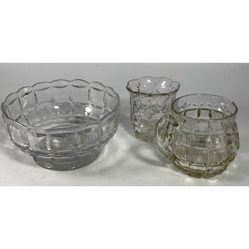 106 - HEAVY CUT GLASS BOWL, JUG AND A CELERY VASE