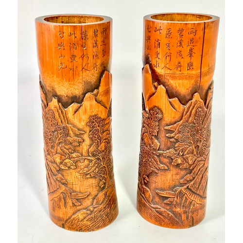 405 - PAIR OF BAMBOO VASES WITH CARVED ORIENTAL DECORATION AND ORIENTAL SCRIPT, APPROX. 39cm