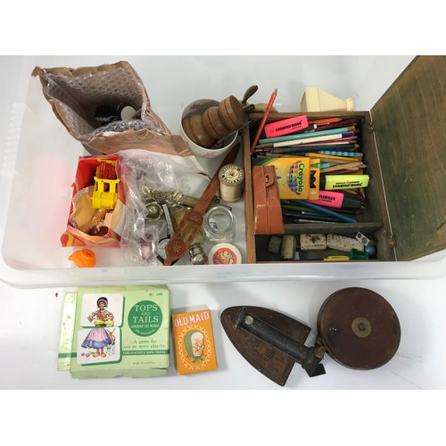 443 - BOX OF MISC ITEMS INC TAPE MEASURE, PENCIL CASE AND CONTENTS, COLD IRON, THREAD, MEASURER, TOPS AND ... 