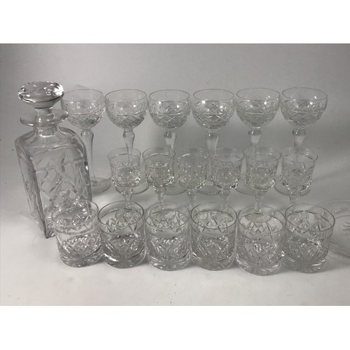 108 - MISC. GLASSWARE INC. TUDOR CRYSTAL WHISKEY TUMBLERS AND MATCHING DECANTER, 6 SMALL TUDOR CRYSTAL WIN... 