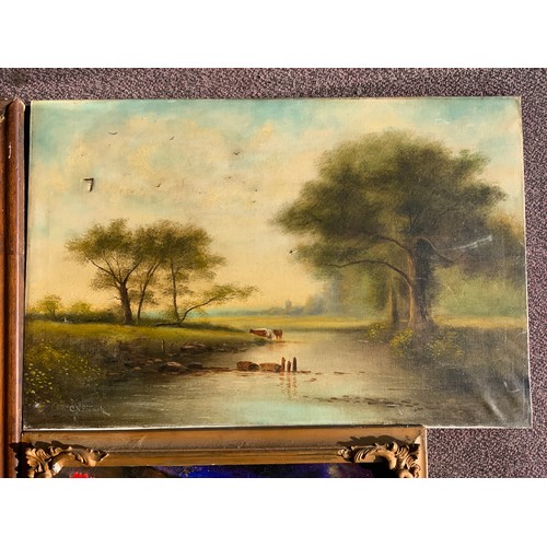 17 - OIL ON CANVAS C N FRENCH,  A/F & 2 ORNATE FRAMES WITH PICTURES.