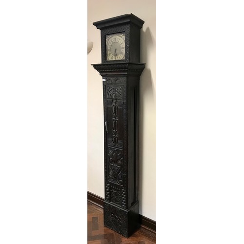 270 - 18TH CENTURY OAK LONG CASK CLOCK WITH CARVED DECORATION TO THE CASE, BRASS FACE AND 30 HOUR MOVEMENT