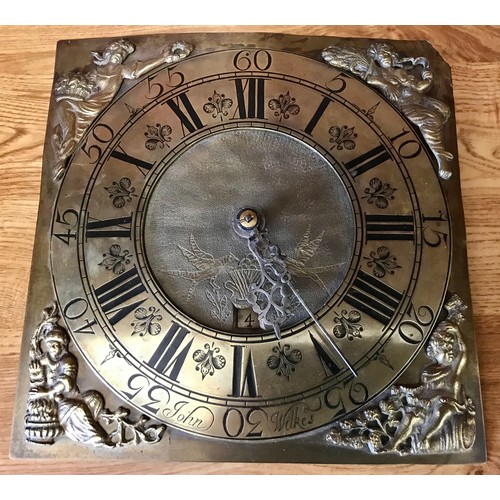 270 - 18TH CENTURY OAK LONG CASK CLOCK WITH CARVED DECORATION TO THE CASE, BRASS FACE AND 30 HOUR MOVEMENT