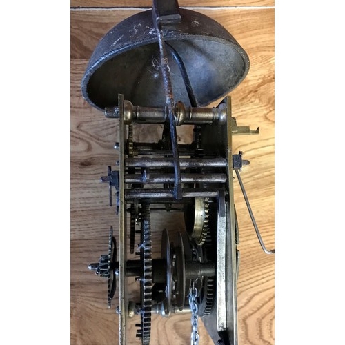 270 - 18TH CENTURY OAK LONG CASK CLOCK WITH CARVED DECORATION TO THE CASE, BRASS FACE AND 30 HOUR MOVEMENT