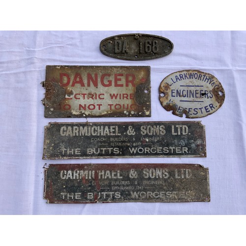 16 - VINTAGE MAKERS PLATES, CARMICHAEL WORCESTER, LARKWORTHY ENGINEERS WORCESTER, ENAMEL DANGER ELECTRIC ... 