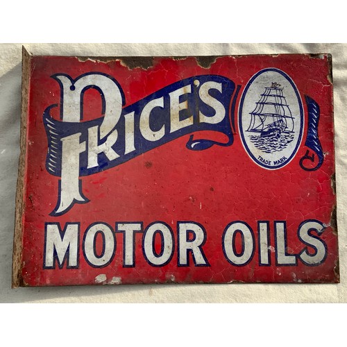 2 - ENAMEL SIGN, ‘PRICES MOTOR OILS’, 61 cm X 46 cm, A RED SIGN WITH BLUE SCROLL AND SHIP TRADE MARK, DO... 