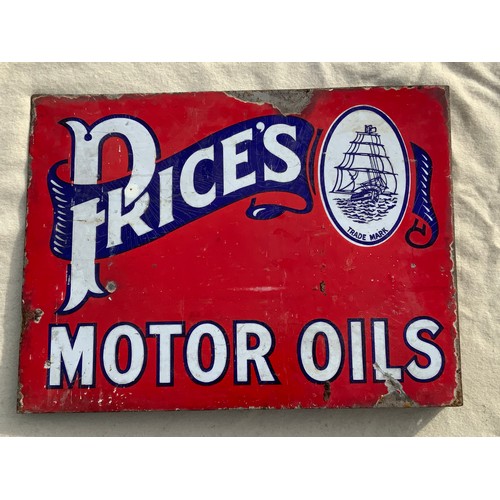 2 - ENAMEL SIGN, ‘PRICES MOTOR OILS’, 61 cm X 46 cm, A RED SIGN WITH BLUE SCROLL AND SHIP TRADE MARK, DO... 