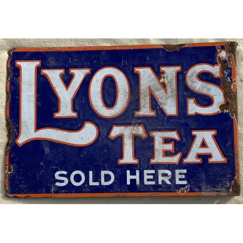 3 - DOUBLE SIDED ENAMEL SIGN, LYONS TEA SOLD HERE, 45 cm X 30 cm, DOUBLE SIDED WITH CORNER MOUNTING BRAC... 