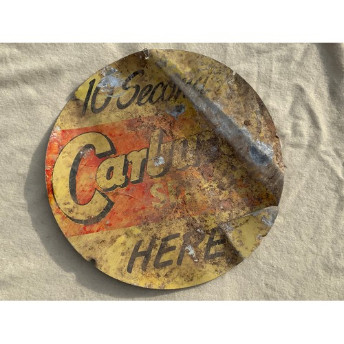 7 - CIRCULAR ADVERTISING SIGN, APPROX. 45 cm WIDE, 10 SECONDS CARBUROL HERE, HAS BEEN CRUMPLED AND HAS C... 