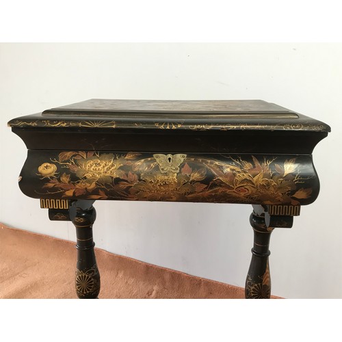 326 - 19TH CENTURY LACQUERED STYLE WORK TABLE DECORATED WITH CHINOISERIE LACQUER SCENES OF BIRDS AND FOLIA... 