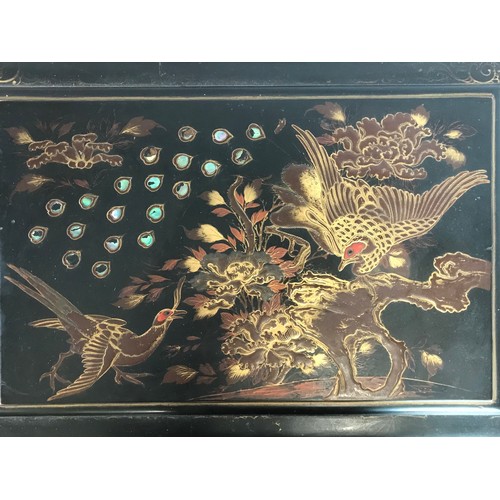 326 - 19TH CENTURY LACQUERED STYLE WORK TABLE DECORATED WITH CHINOISERIE LACQUER SCENES OF BIRDS AND FOLIA... 