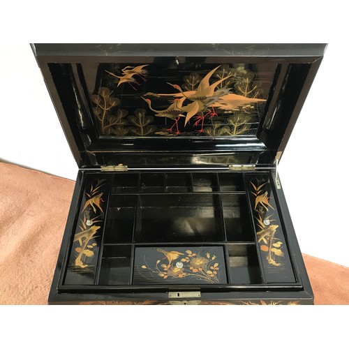 326 - 19TH CENTURY LACQUERED STYLE WORK TABLE DECORATED WITH CHINOISERIE LACQUER SCENES OF BIRDS AND FOLIA... 