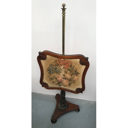 192 - 19TH CENTURY ROSEWOOD POLE SCREEN ON TRIPOD BASE WITH NEEDLEPOINT PANEL