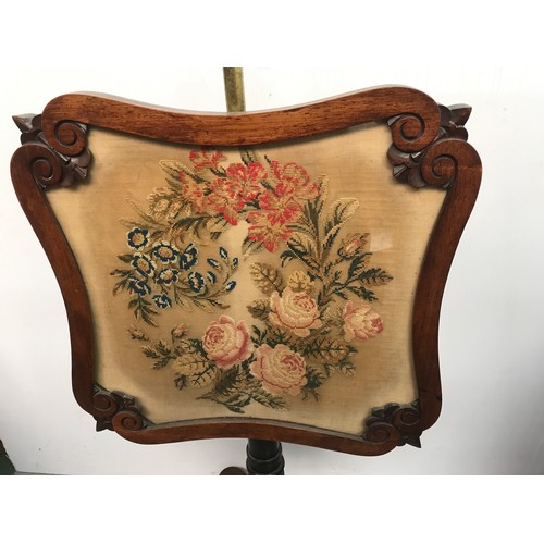 192 - 19TH CENTURY ROSEWOOD POLE SCREEN ON TRIPOD BASE WITH NEEDLEPOINT PANEL