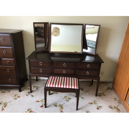 37 - STAG DRESSING TABLE WITH TRIPLE MIRROR APPROX. 131CM WIDE, WITH STOOL.