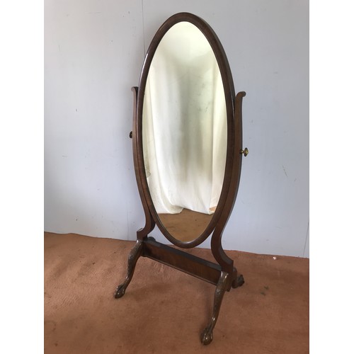 131 - IMPRESSIVE 19TH CENTURY MAHOGANY OVAL CHEVAL MIRROR ON STAND WITH BALL AND CLAW FEET