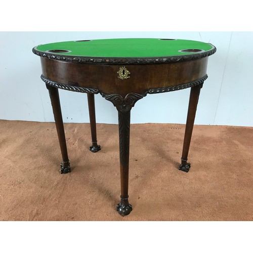 183 - GOOD QUALITY CARD TABLE HAVING FOLD OVER BASE TOP BALL AND CLAW FEET