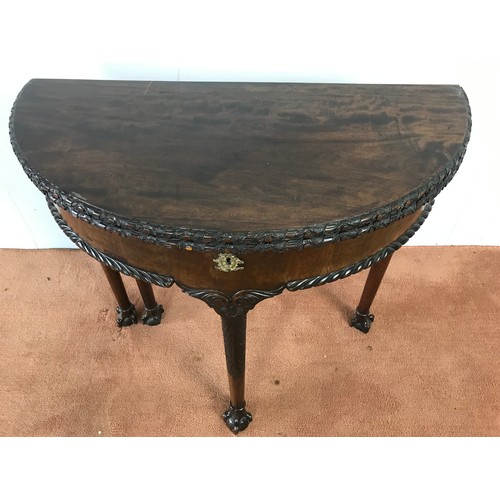 183 - GOOD QUALITY CARD TABLE HAVING FOLD OVER BASE TOP BALL AND CLAW FEET