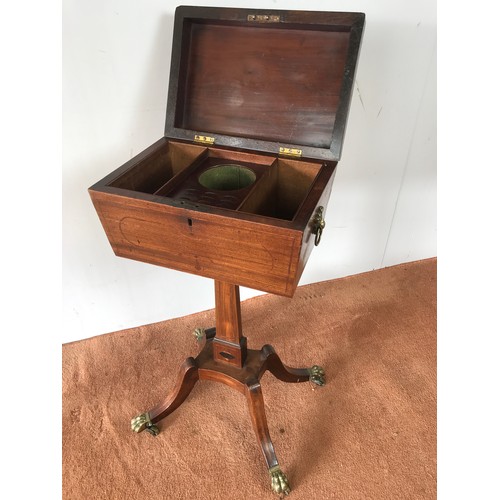 252 - 19TH CENTURY INLAID MAHOGANY TEAPOY ON STAND WITH FITTED INTERIOR ON RECTANGULAR TAPERING COLUMN WIT... 