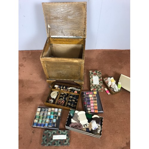 309 - OAK SEWING BOX AND CONTENTS