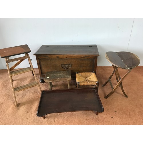 147 - VARIOUS ITEMS OF SMALL FURNITURE INC FOLDING TABLE, LOW STEP LADDER, MAHOGANY BED TRAY, RUSH SEATED ... 