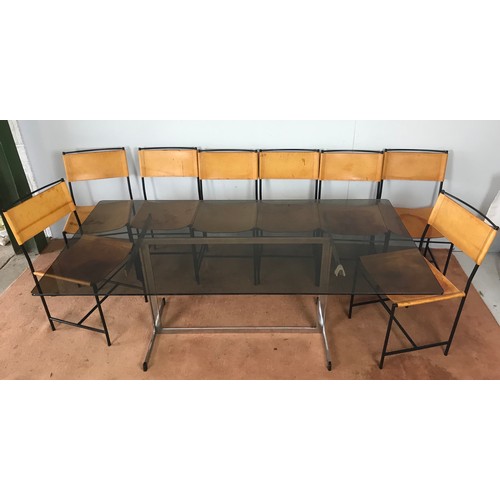 148 - STYLISH 1970s STYLE DINING TABLE ON CHROME STAND WITH SMOKED GLASS TOP AND SET OF 8 LEATHER SLUNG SE... 