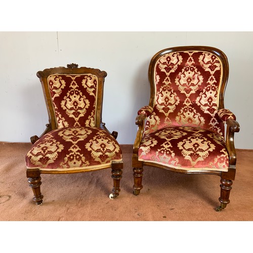 366 - VICTORIAN SPOON BACK ARM CHAIR WITH RED UPHOLSTERY, FURTHER SALON CHAIR WITH SIMILAR UPHOLSTERY AND ... 