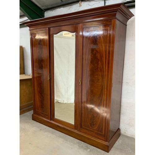 130 - LARGE VICTORIAN INLAID MAHOGANY TRIPLE WARDROBE BEARING WARINGS LABEL