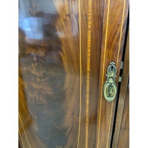 130 - LARGE VICTORIAN INLAID MAHOGANY TRIPLE WARDROBE BEARING WARINGS LABEL