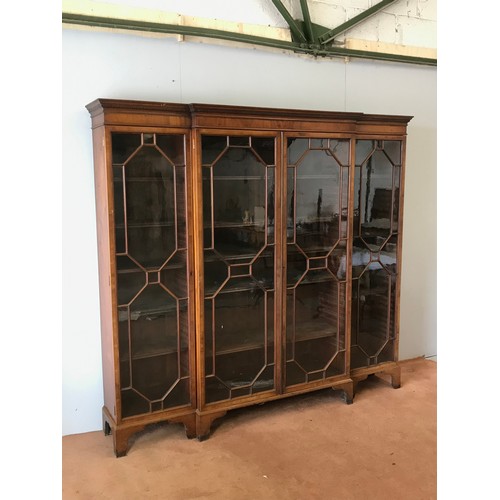 2 - INLAID MAHOGANY BREAK FRONT ASTRAGAL GLAZED DISPLAY CABINET, APPROX 206cm LONG & 190cm TALL