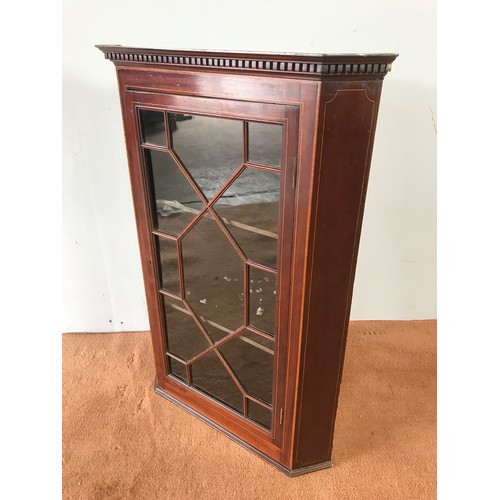 232 - HANGING MAHOGANY CORNER CABINET HANGING GLAZED INLAID MAHOGANY CORNER CABINET