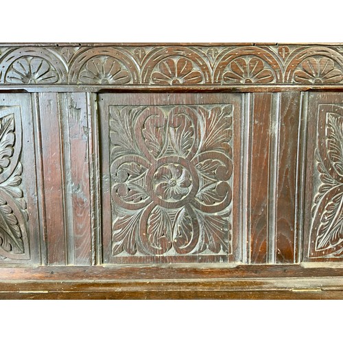 331 - HEAVY OAK ANTIQUE CARVED BENCH APPROX 140 CM LONG