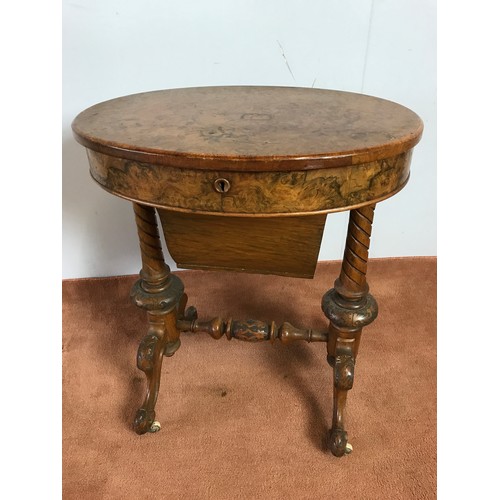 276 - BURR WALNUT 19TH CENTURY OVAL SEWING/ WORK TABLE THE RISING LID CONCEALING A FITTED INTERIOR ON TURN... 