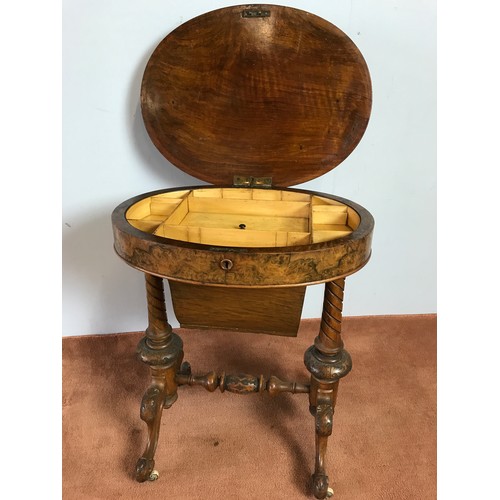 276 - BURR WALNUT 19TH CENTURY OVAL SEWING/ WORK TABLE THE RISING LID CONCEALING A FITTED INTERIOR ON TURN... 