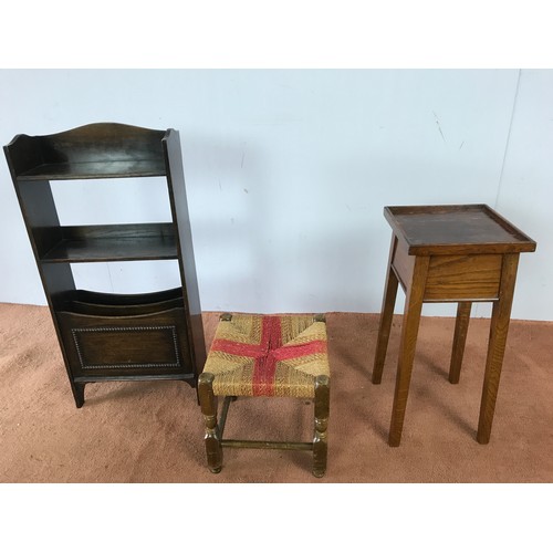 234 - OAK POT STAND, MAGAZINE RACK AND A STOOL