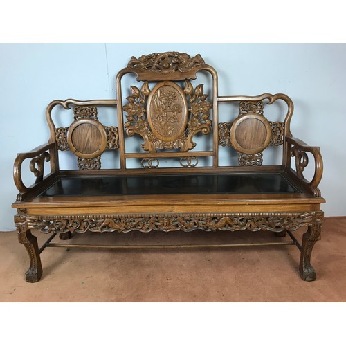 44 - ORIENTAL HARDWOOD SOFA WITH ORNATE CARVED BACK 166cm LONG