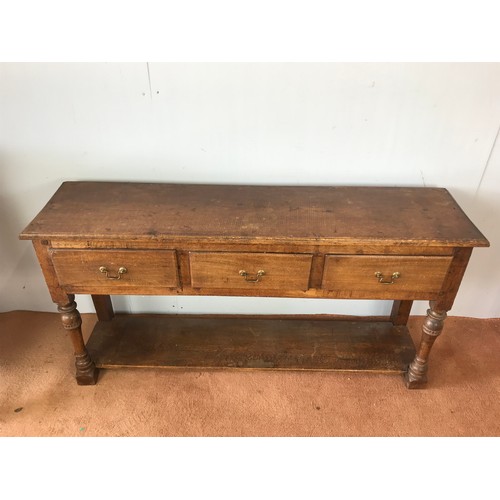 53 - SMALL 3 DRAWER OAK DRESSER BASE WITH POT BOARD 143cm x 36cm & 74cm TALL