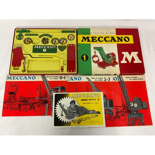 112 - MECCANO, VINTAGE SETS, 1, 1A, 2A, 3A, 4A, B, PLUS INSTRUCTIONS