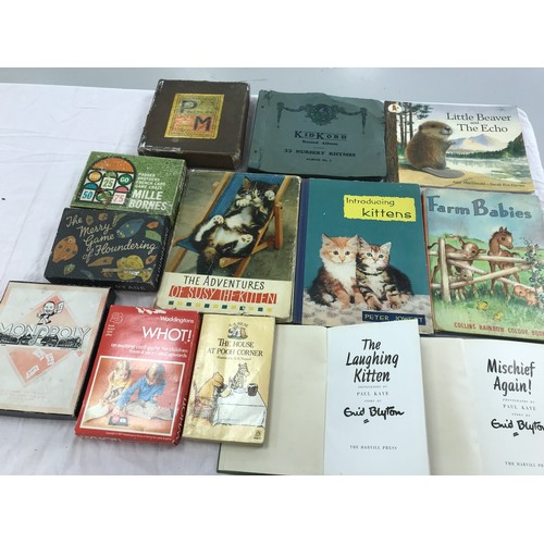 318 - VINTAGE CHILDRENS RECORDS, KID KORD SOME A/F ALBUM WITH 2 RECORDS, SUNDRY GAMES,  CHILDRENS BOOKS.