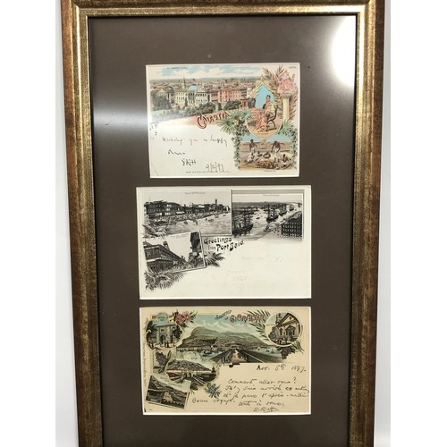 68 - FRAMED CIGARETTE CARDS AND A FRAME OF POSTCARDS