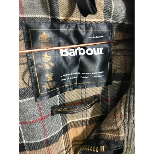 398 - BARBOUR WAXED JACKET, APPEARS AS NEW, NO SIZE LABEL BUT APPEARS LARGE OR XL